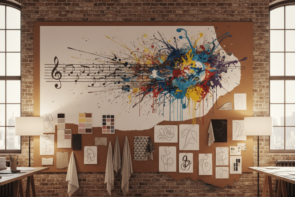 Studio setup with abstract art blending music and visuals under warm ambient lighting, highlighting innovative collaborations