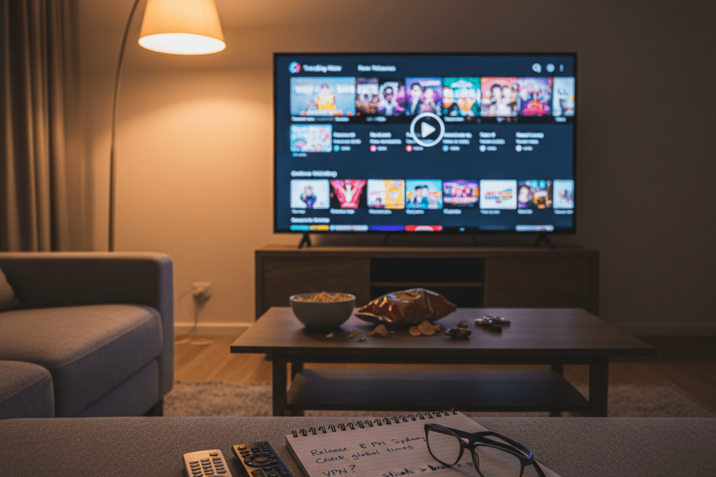 Modern living room with TV showing generic streaming homepage, snacks, and planning notes under ambient lighting