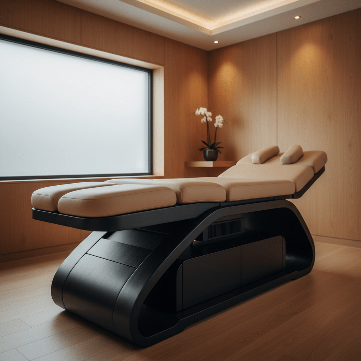 Futuristic massage table with adjustable sections in a minimalist spa room.