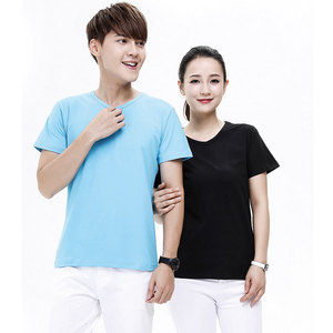 Cheapest custom print design branded logo cotton and polyester chinese v neck casual couple t-shirt