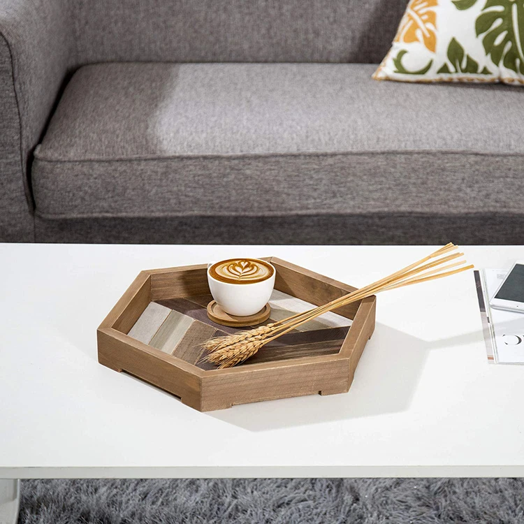Wholesale price hexagon serving tray hand made wooden tray for coffee table