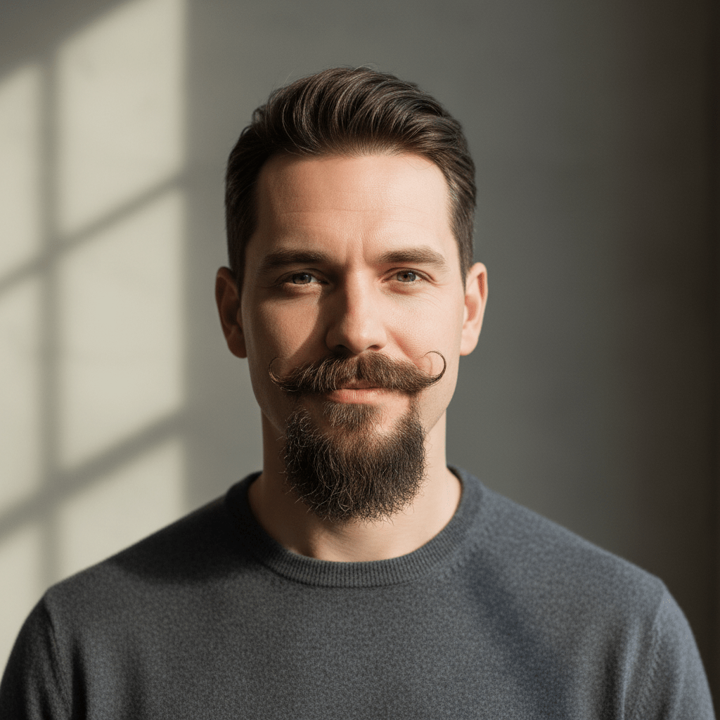 Sophisticated man with modern Van Dyke goatee and pointed chin beard.