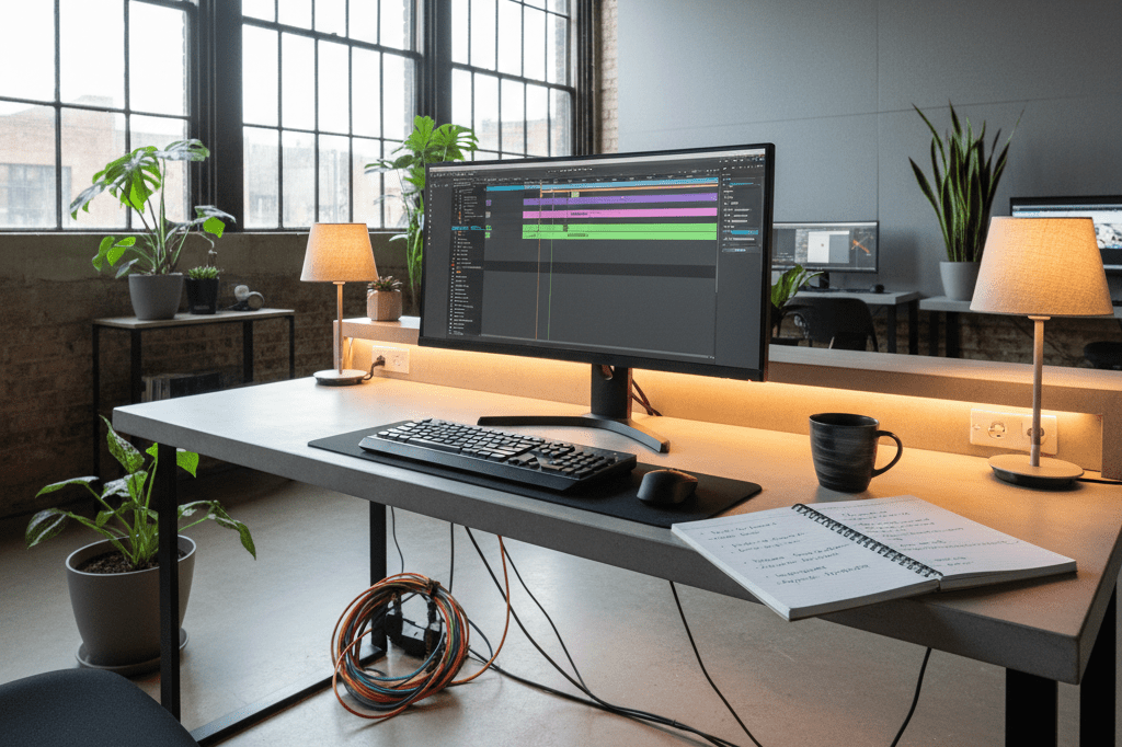 Wide shot of an editing suite with monitor, notes, and coffee cup under natural light, showcasing thoughtful production planning