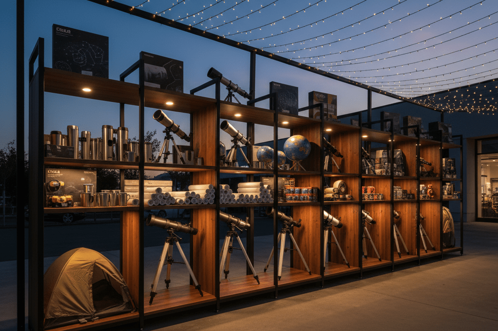 Outdoor retail display of telescopes and camping gear illuminated by ambient light, capturing consumer interest in night sky exploration