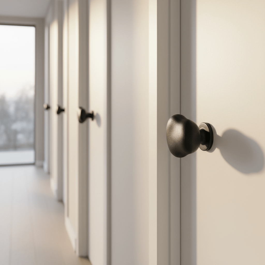 Organic black pebble-shaped door knobs with a matte texture in a sunlit hallway.