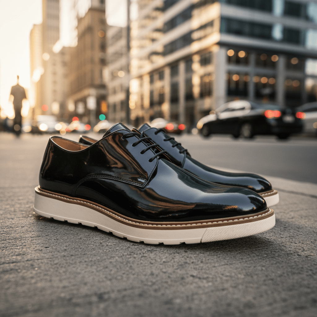 Glossy patent leather Oxford shoes with athletic soles on an urban sidewalk.