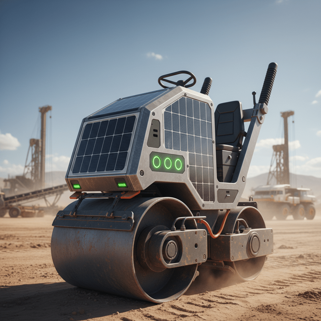 Futuristic soil compactor with integrated solar panels on a remote construction site.
