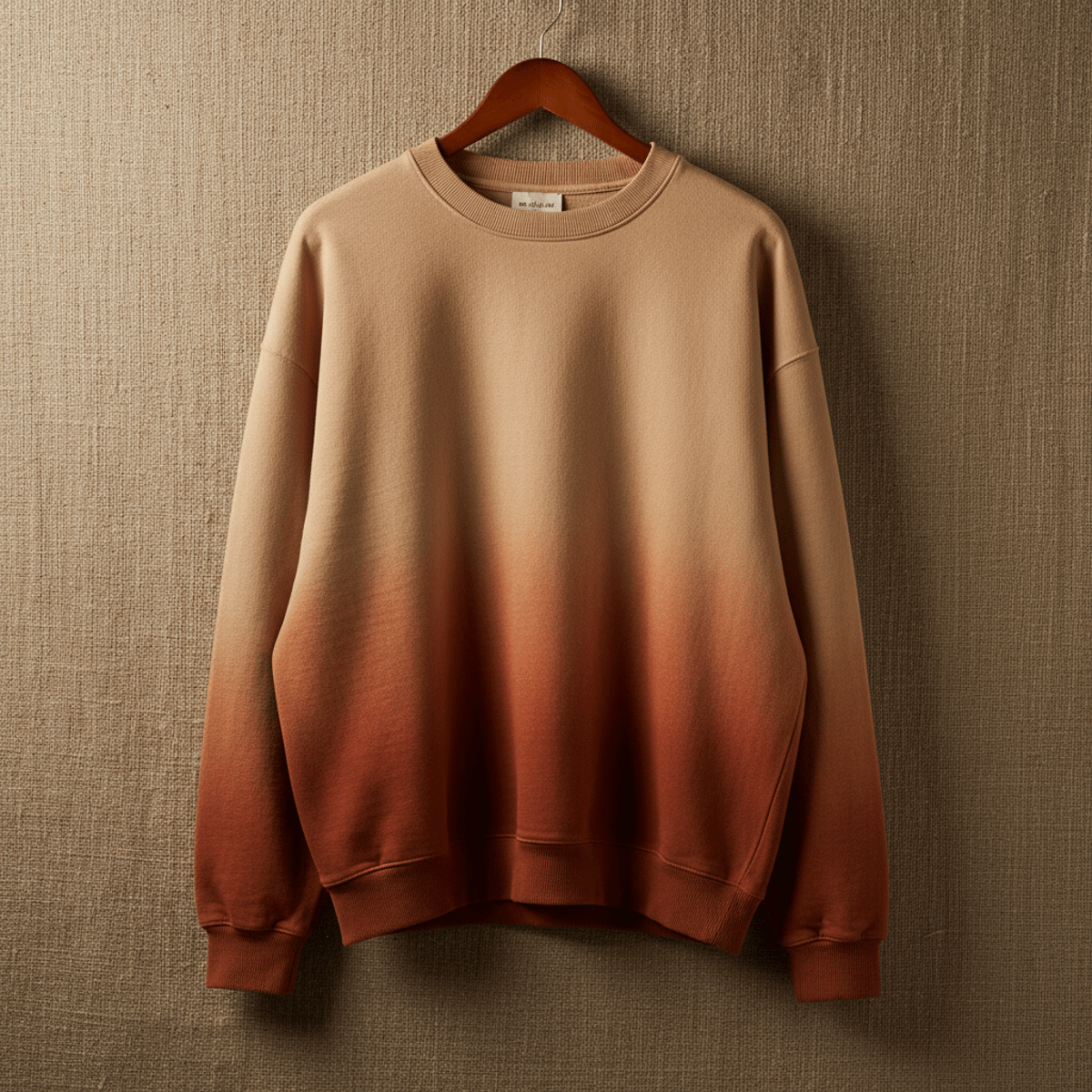 Heavyweight tie dye crewneck sweatshirt with earth-tone ombré fade on hanger.