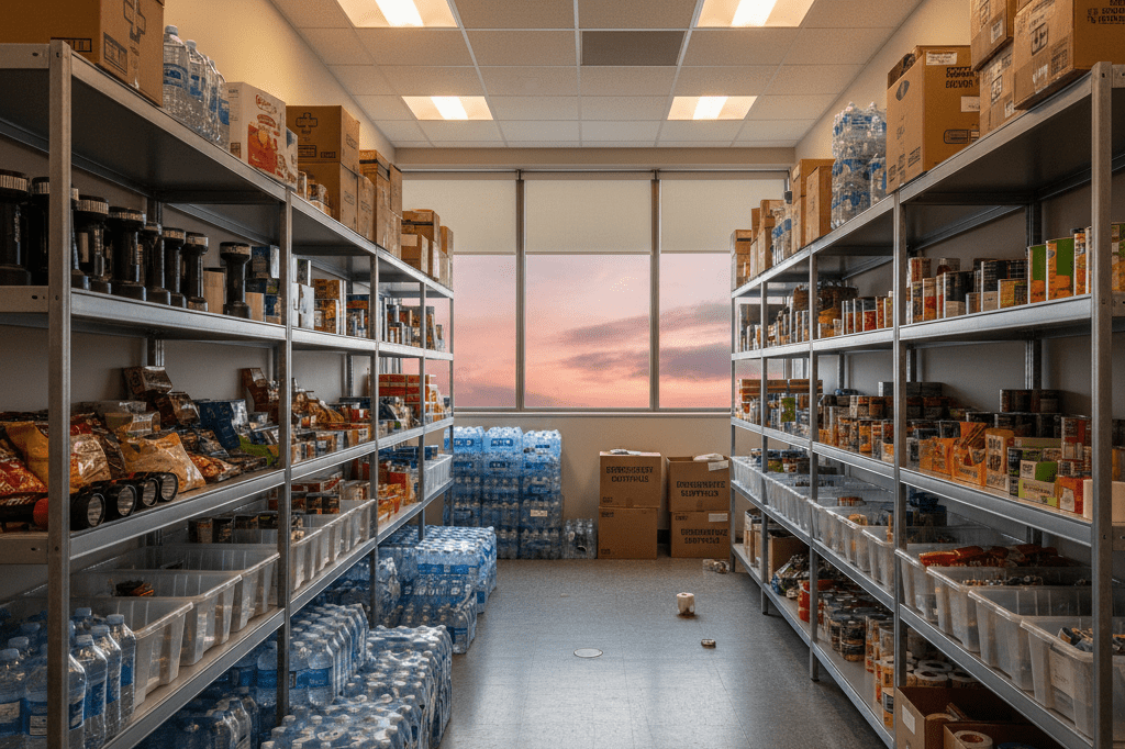Wide shot of organized supply shelves with emergency items under warm ambient light, hinting at incoming severe weather via atmospheric indicators.