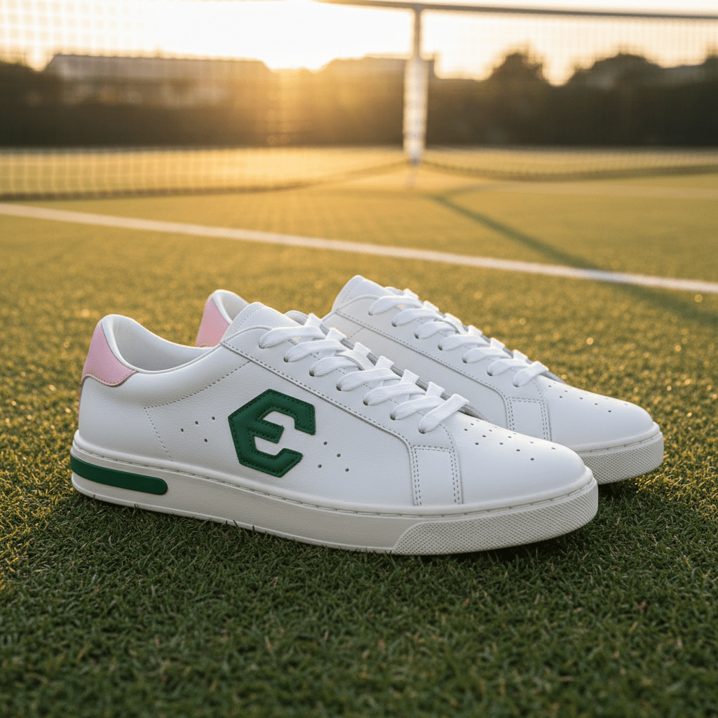Collegiate-style pink and green leather sneakers on a grass court.