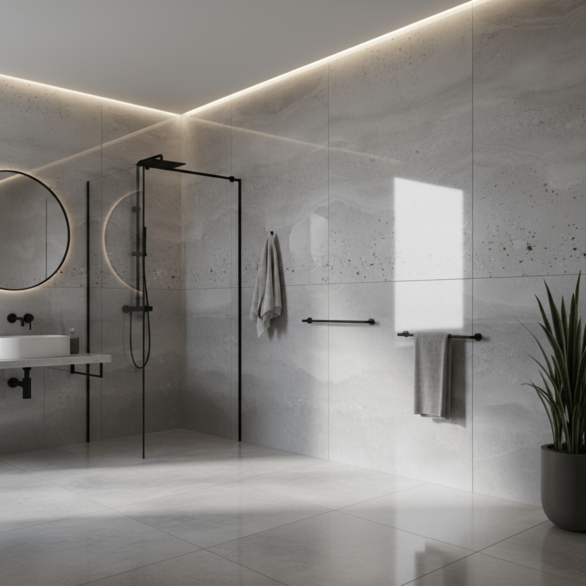 Luxurious bathroom with seamless polished concrete effect wall paneling and matte black fixtures.