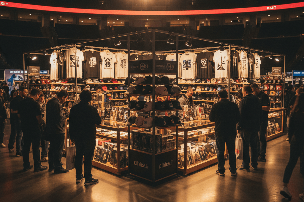 Well-organized merchandise booth showcasing branded apparel and collectibles under ambient venue lighting during a busy event