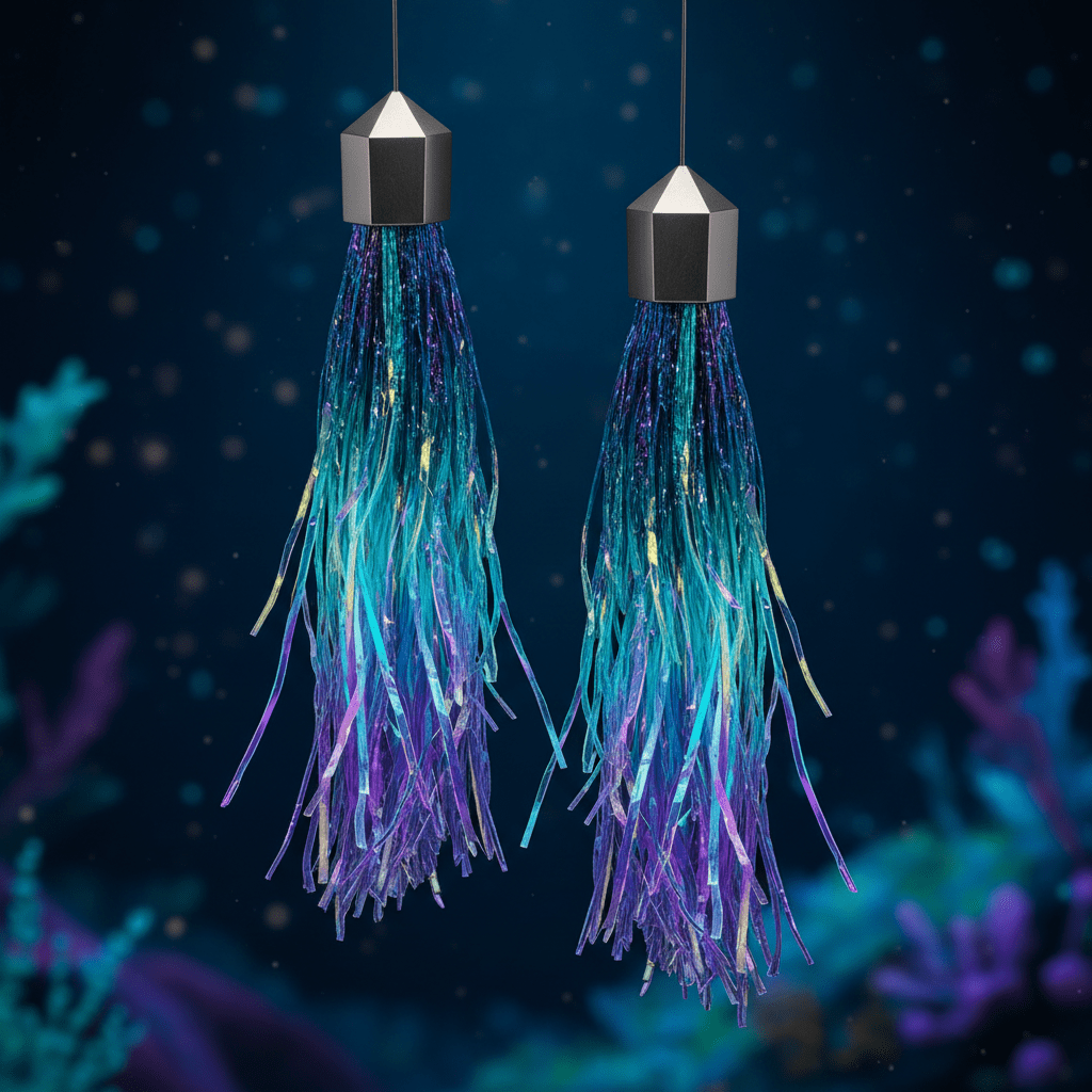 Futuristic tassel earrings shimmer with iridescent threads and fiber optics.