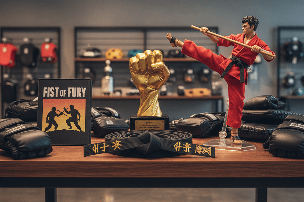 Wide shot of retail display with martial arts gear, action figure, and movie case under warm ambient lighting, highlighting collectibles