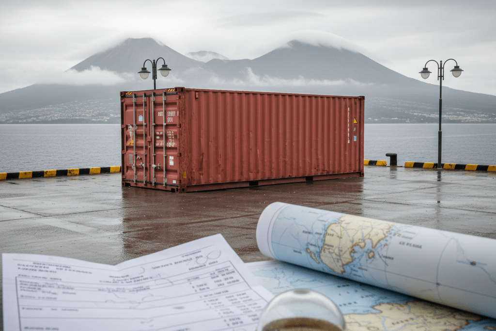 Medium shot of a cargo container on a damp Azores port apron with logistics documents and compass under overcast natural light