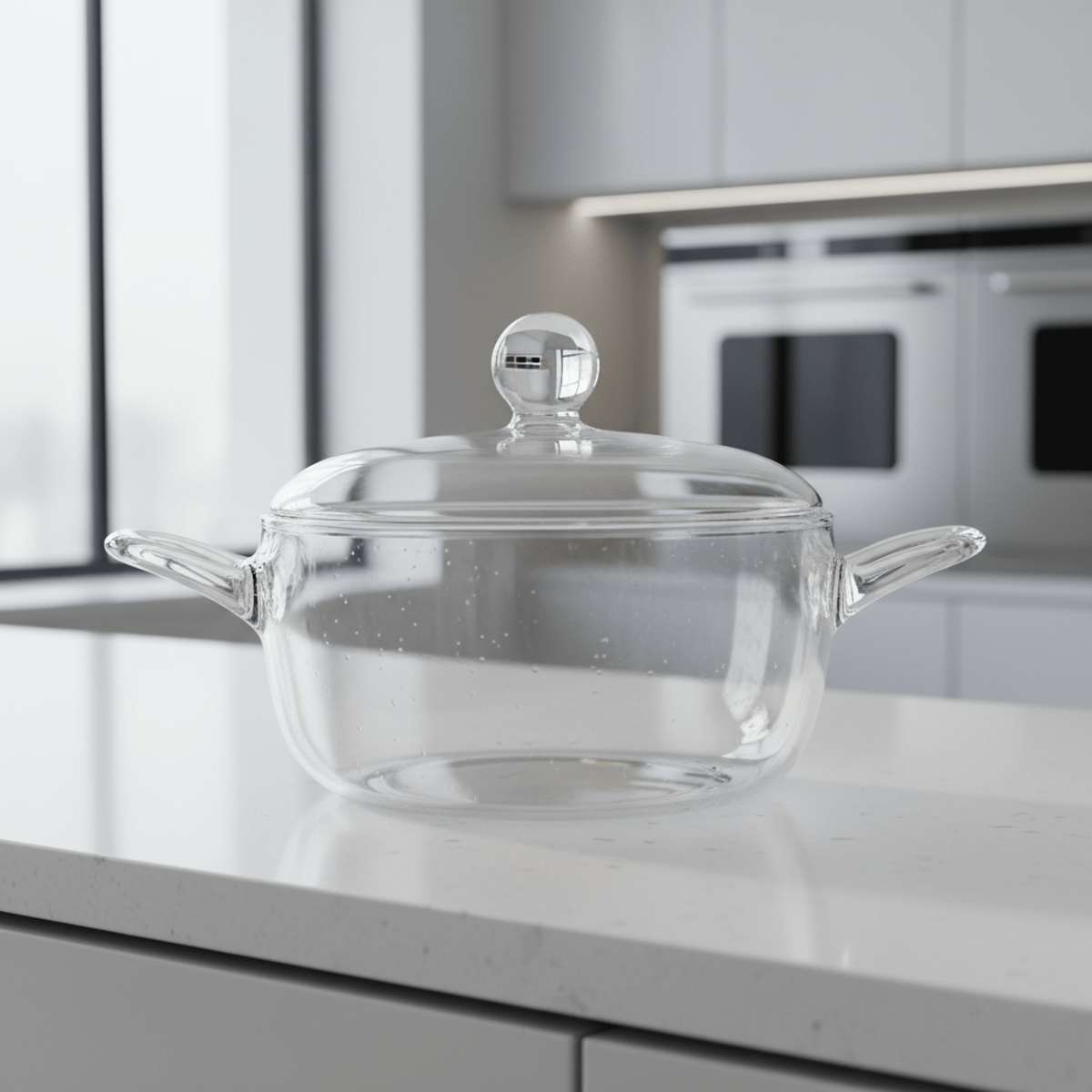 Seamless all-glass cooking pot on a white countertop in a futuristic minimalist kitchen.