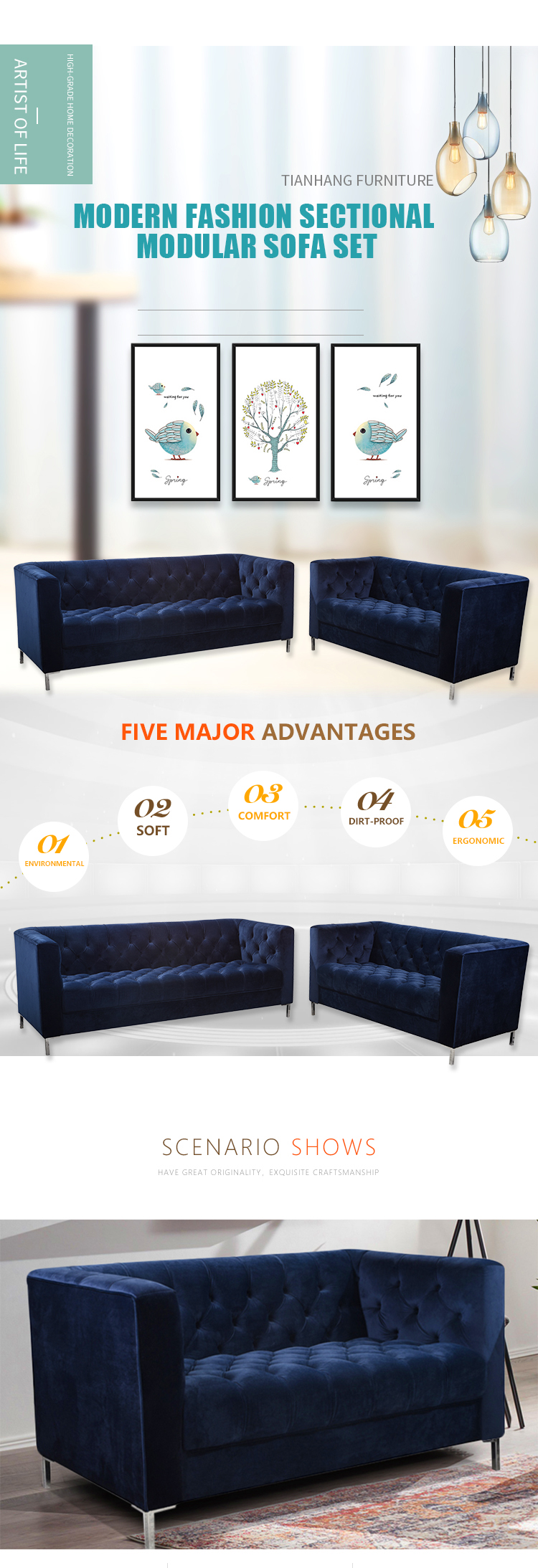 Luxury Velvet Tufted Chesterfield Living Room Sofa Set With Competitive Price