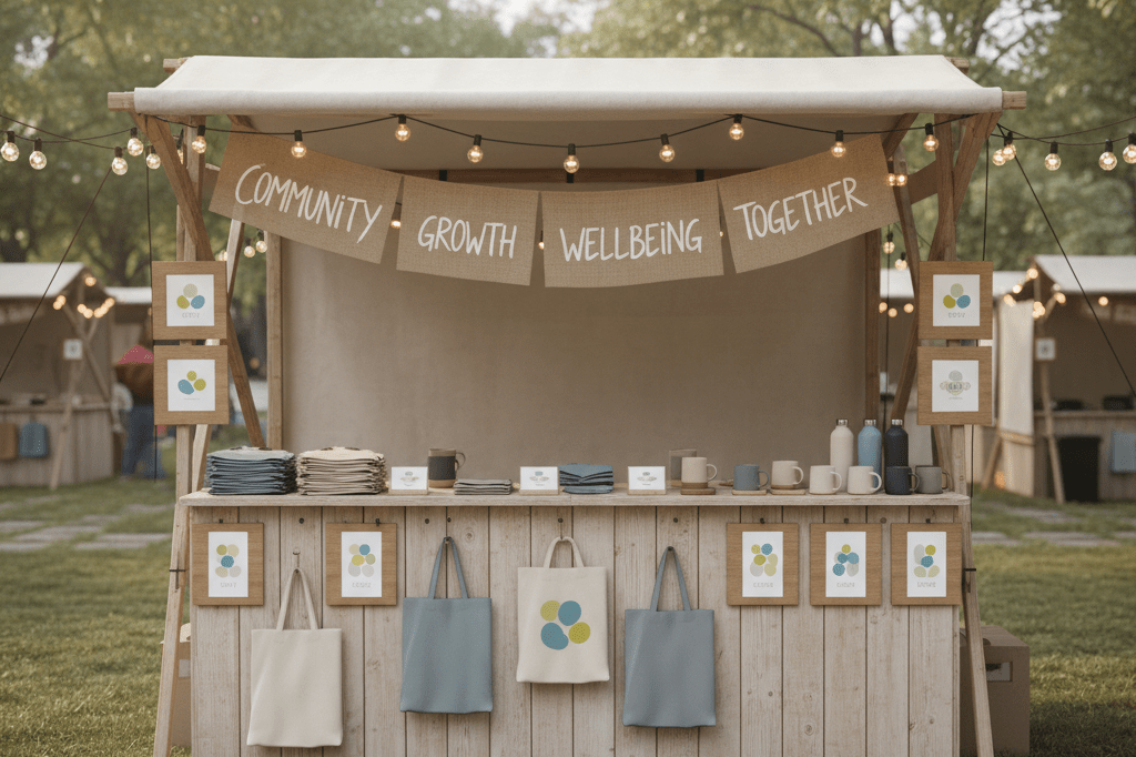 Empty neutral vendor booth with generic displays under natural light, symbolizing inclusive event strategies