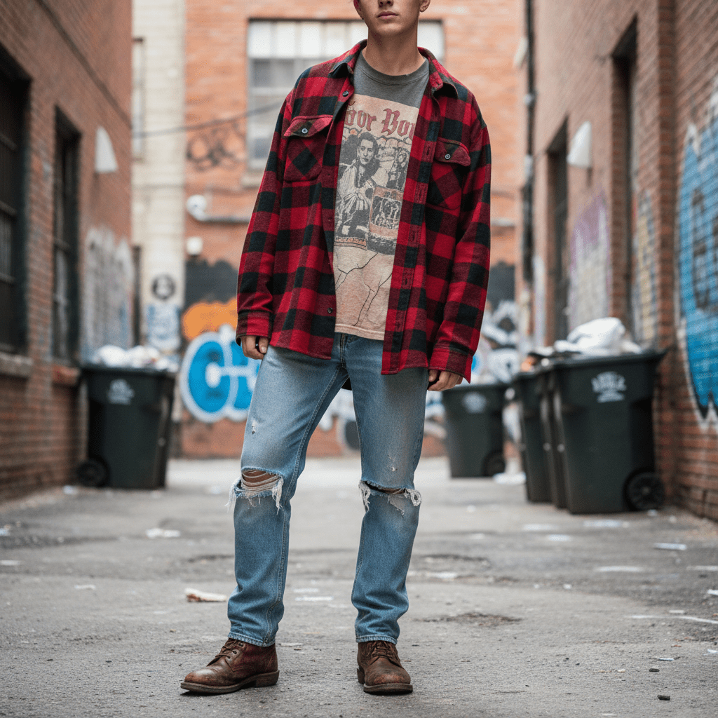 Man in unbuttoned red and black plaid shirt over band tee in urban alley.