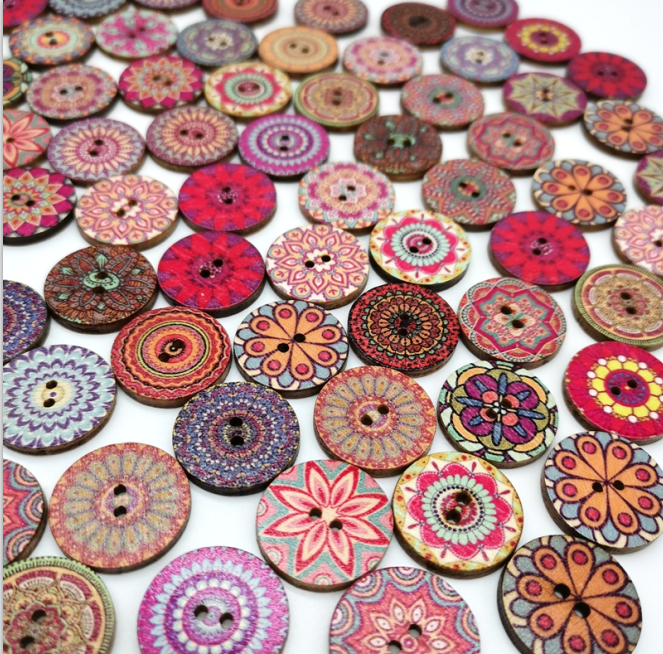 Деревянные пуговицы, винтажные деревянные пуговицы с 2 отверстиями для рукоделия, шитья, декоративные пуговицы, Смешанные случайные цветочные картины