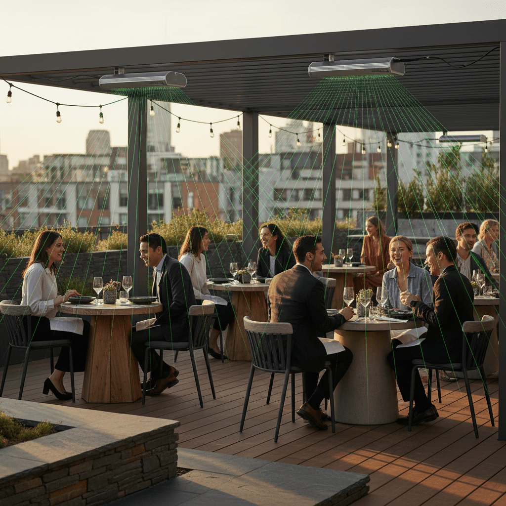 Futuristic dining terrace with laser bug zappers at golden hour. Outdoor dining terrace with subtle laser bug zappers and golden hour light.
