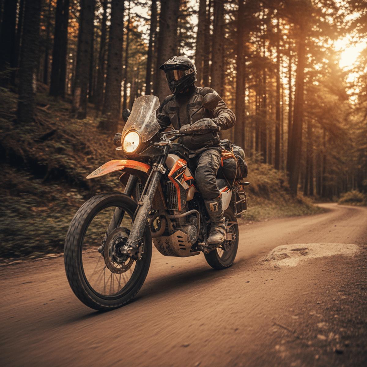 Adventure motorcycle on a dusty forest trail, golden hour light. Lightweight adventure motorcycle rides on a dusty forest trail, front wheel lifting.