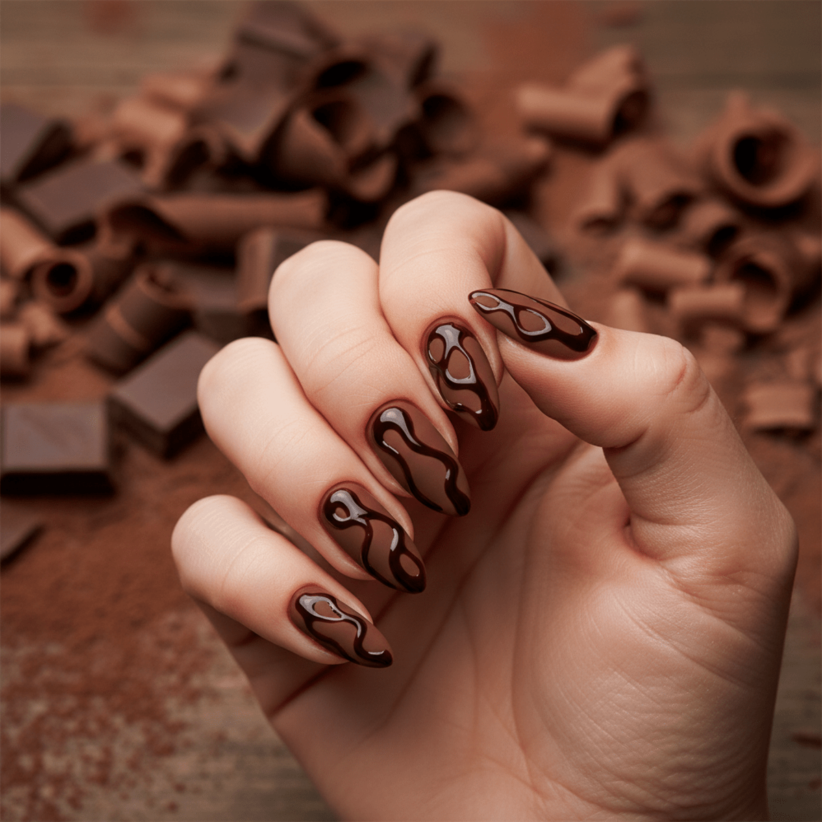 Elegant mocha mousse nails with glossy dark-chocolate drizzle against cocoa powder.