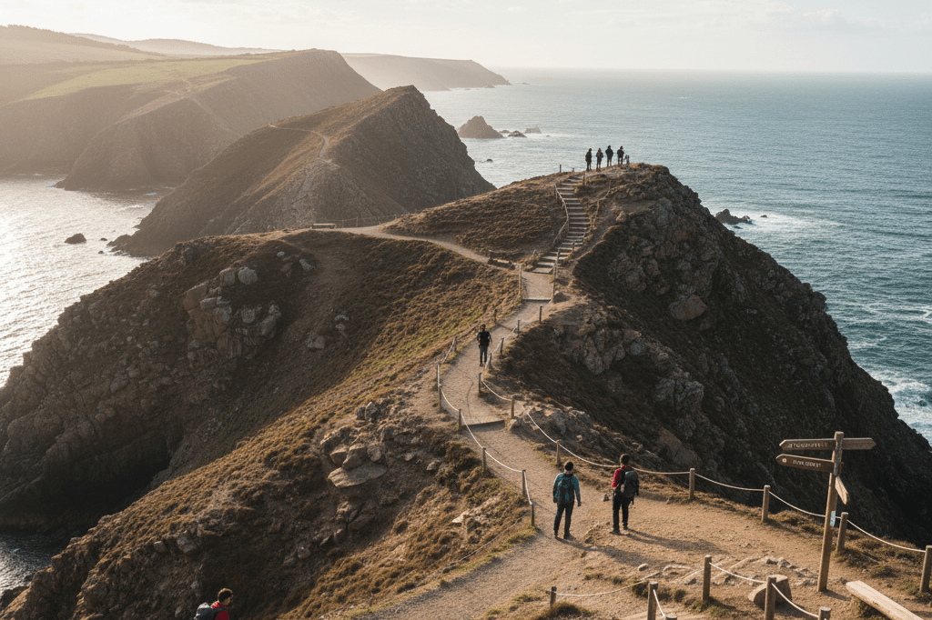 Scenic coastal path showcasing adventure tourism potential Wide shot of rugged coastline with hiking trail, benches, and distant figures, symbolizing unified tourism infrastructure development