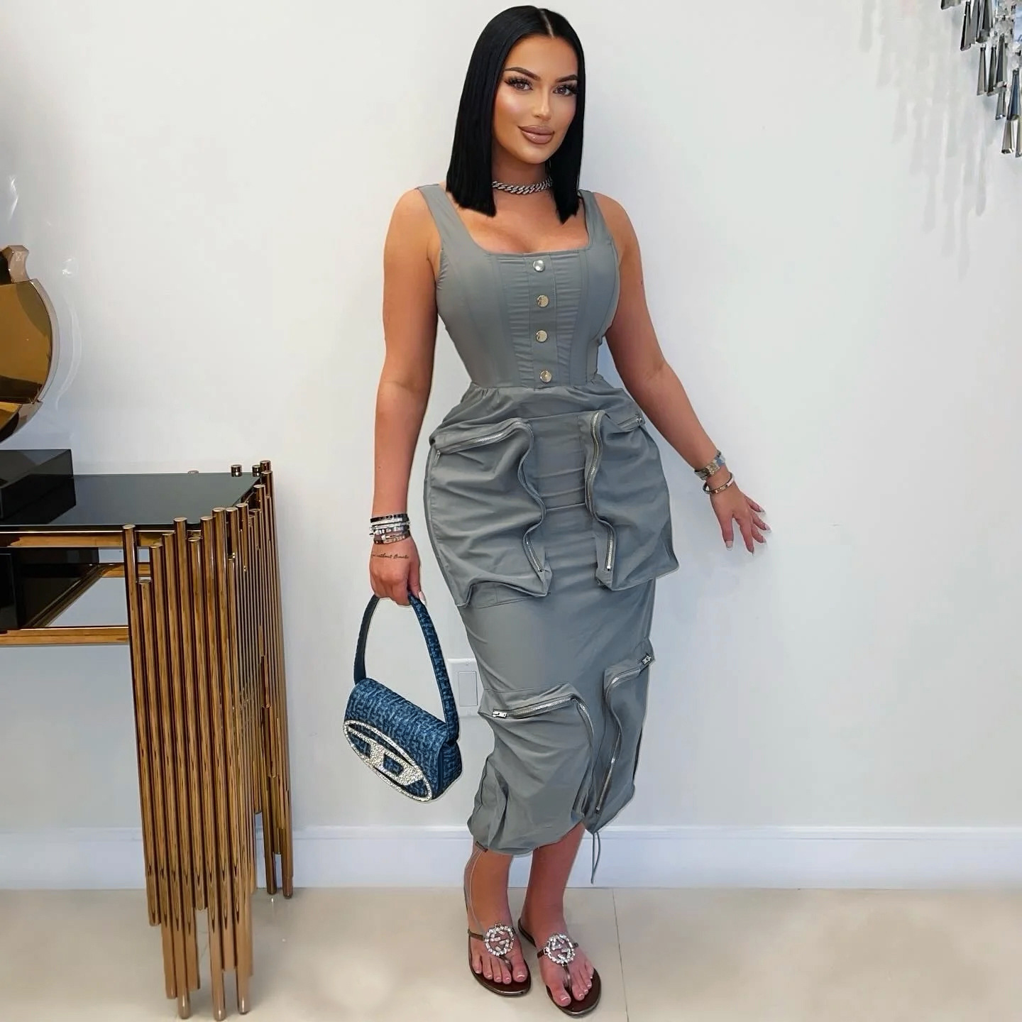K3603 Elegant Casual Summer Workwear Midi Solid Front Digital Chiffon Vest  Pants Dress Large Flap Pocket Natural Washable