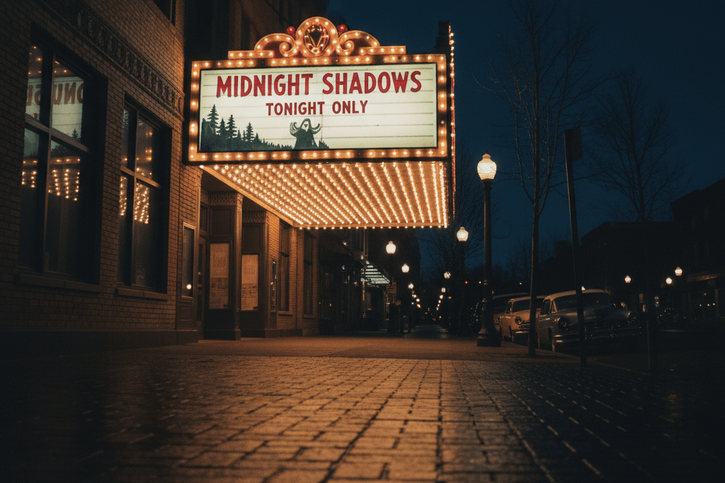 Wide shot of a classic movie theater marquee lit up at night, reflecting nostalgia-driven consumer trends in film franchises