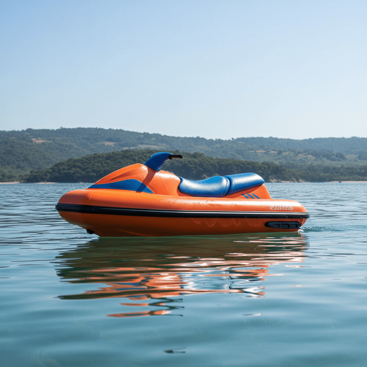 Vibrant solar orange mini jet ski glides on a calm bay with blue accents.