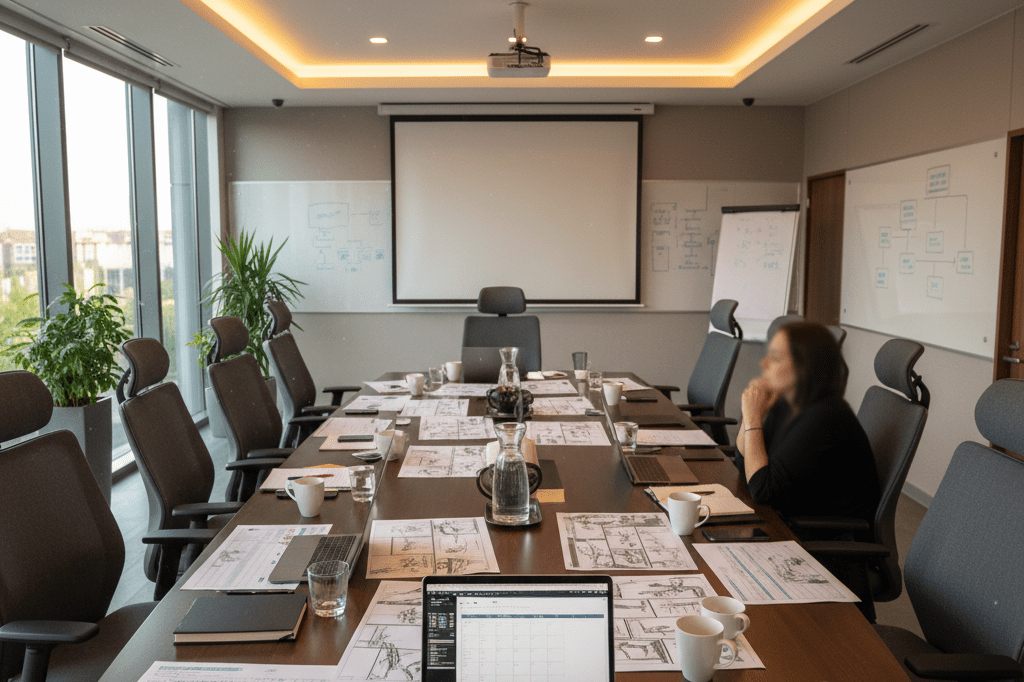 Wide shot of a modern meeting room with storyboards, laptops, and soft lighting highlighting sophisticated production logistics