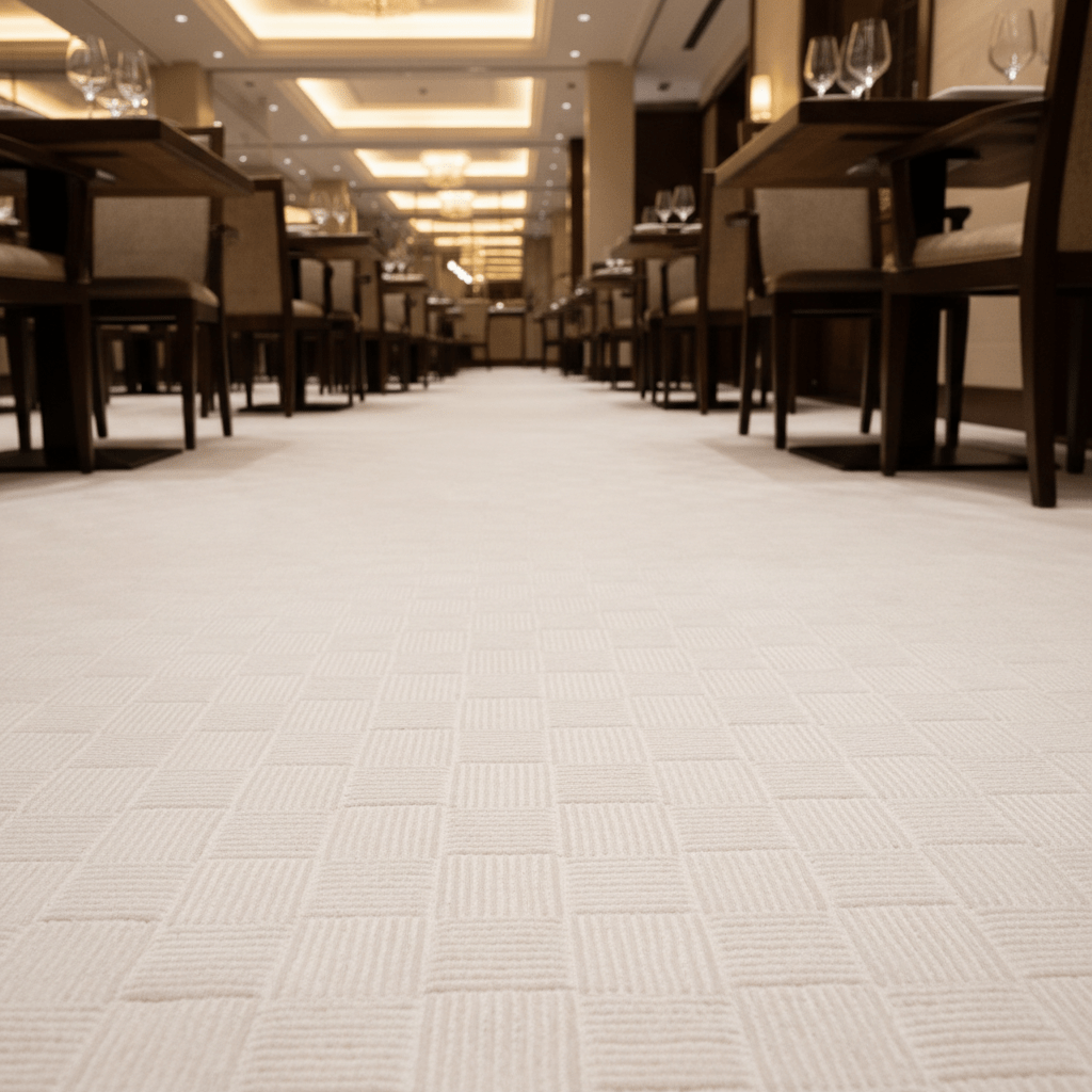 Close-up of elegant white carpet fibers with a tight weave and matte finish.
