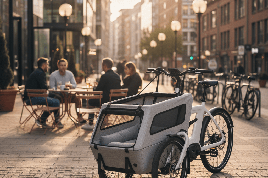 Specialized electric cargo bike parked in a vibrant urban environment Electric cargo bike with pet-friendly compartment under warm ambient lighting near a bustling café
