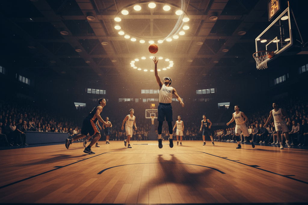 Wide-angle view of a basketball court at night, showcasing competitive gameplay and dynamic motion under warm artificial lighting