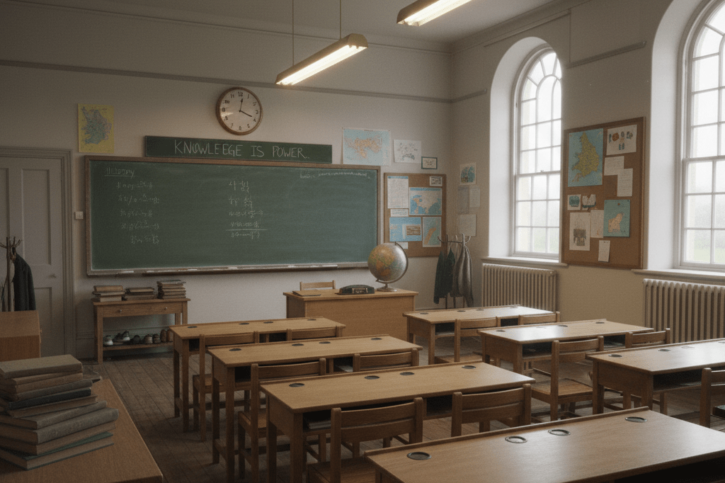 Wide shot of a nostalgic 1990s classroom with vintage props and muted tones under natural and ambient light