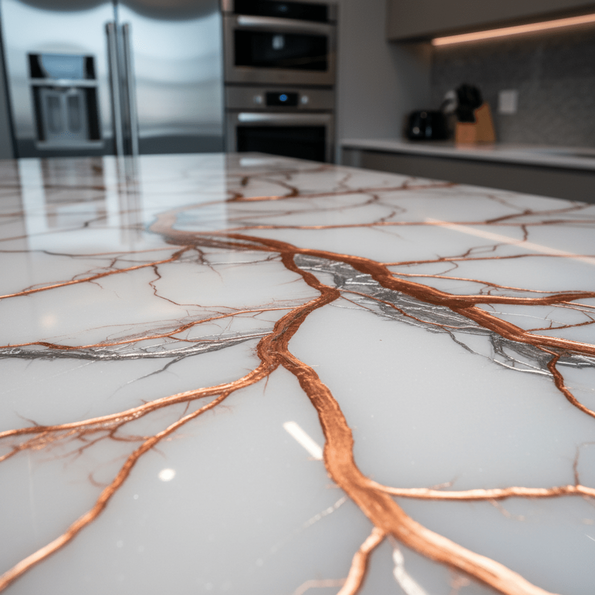 Close-up of a luxurious epoxy countertop with white base, copper and silver metallic river-like veins.