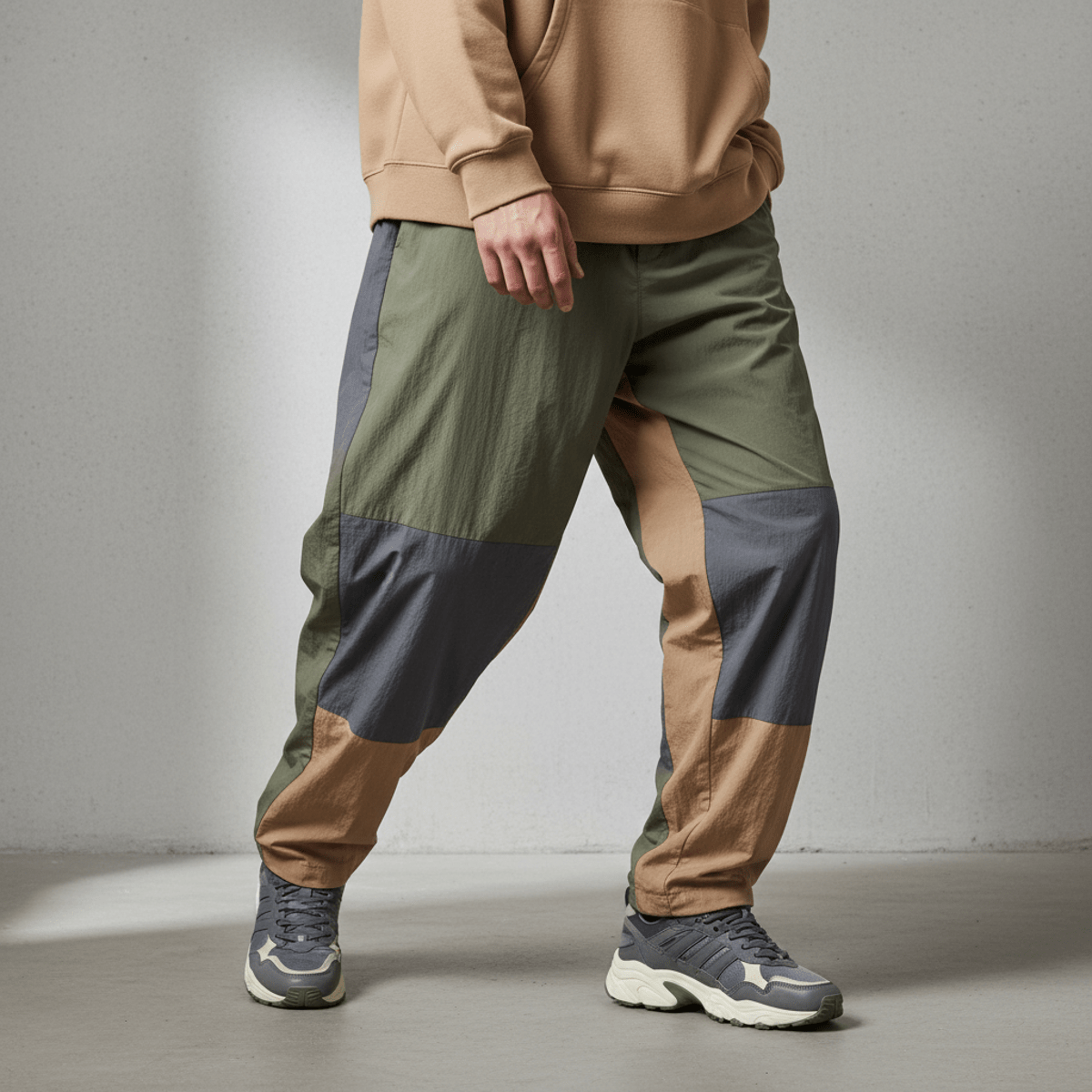 Close-up of urban athletic parachute pants with dynamic folds and swishy texture.