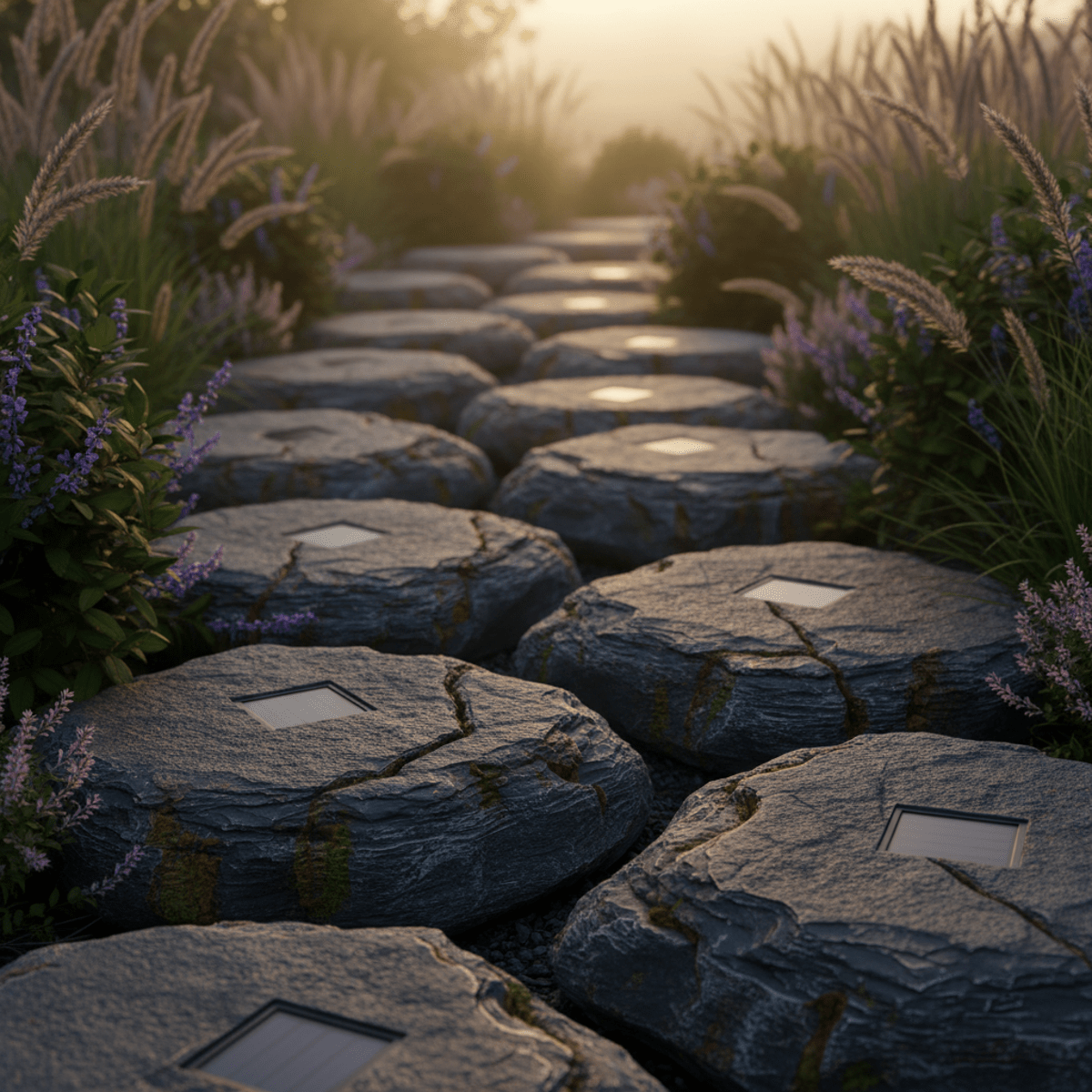 Solar powered rock lights camouflaged as slate, lighting a garden path at twilight.