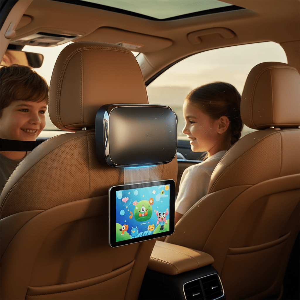 Futuristic car air purifier integrated into tan leather seats, offering clean airflow.