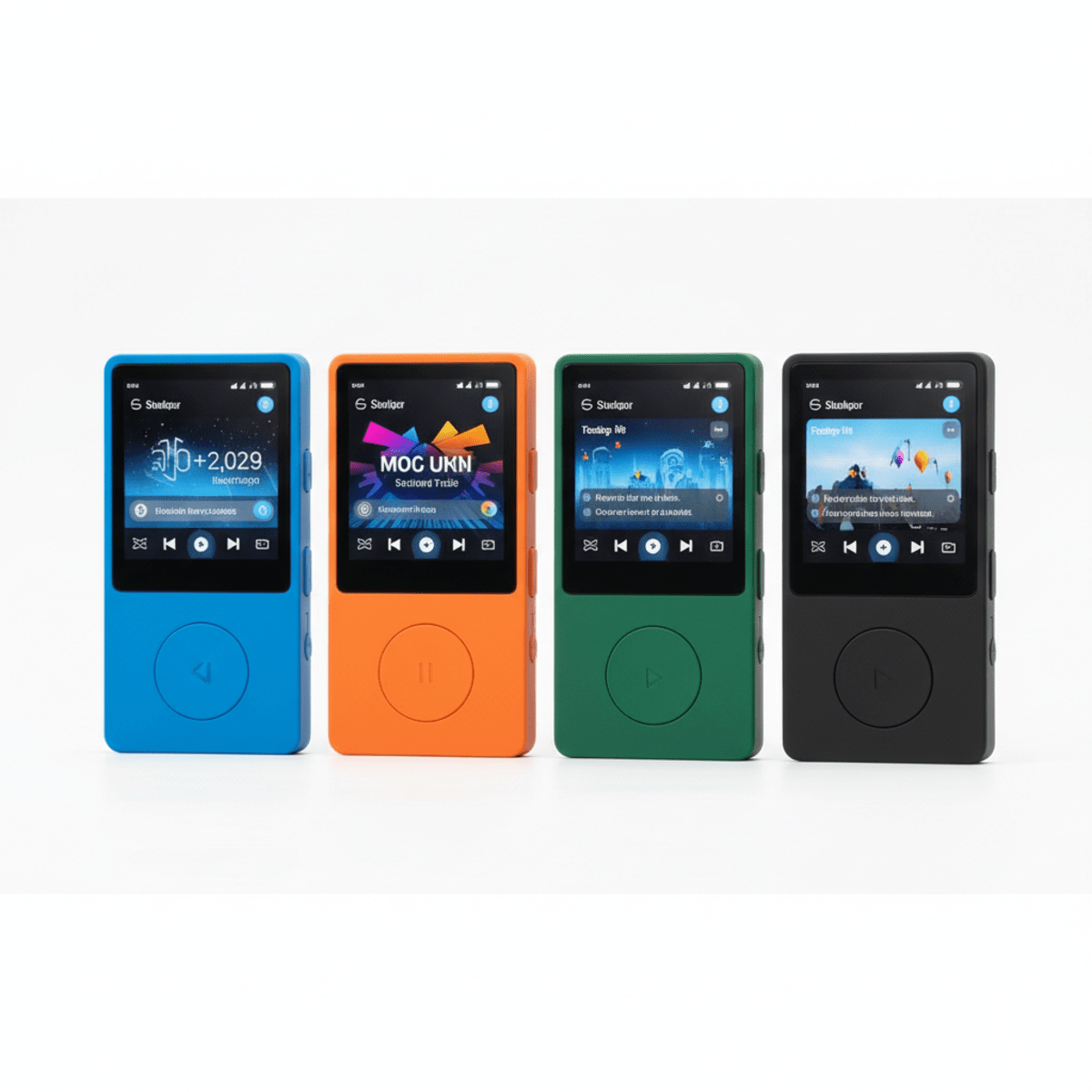Vibrant MP3 players in blue, orange, green, and black with touchscreens on white.