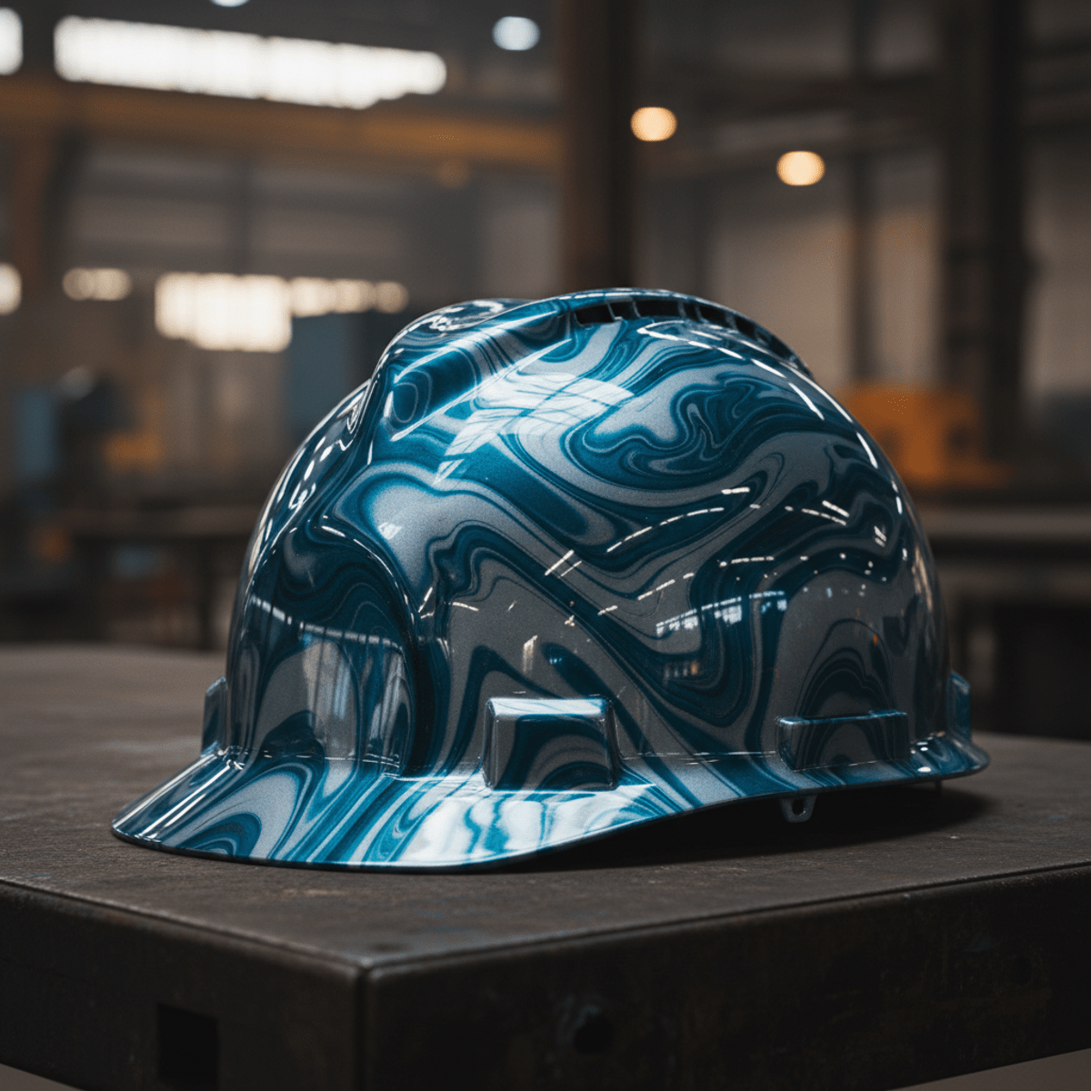 Futuristic hard hat with metallic blue and silver marbled pattern, glossy finish.
