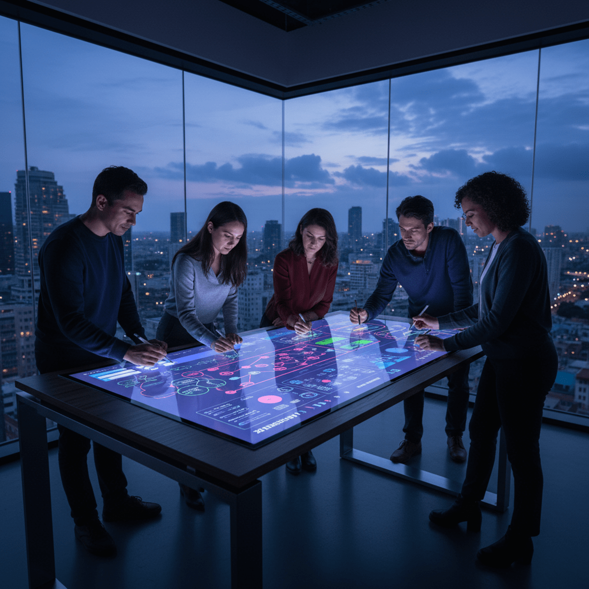 Diverse team collaborating on a large ultrawide touchscreen digital whiteboard.