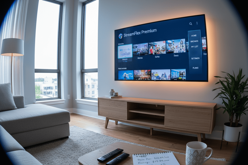 Living room with smart TV showing generic streaming menu under natural light, suggesting thoughtful evaluation of subscription choices