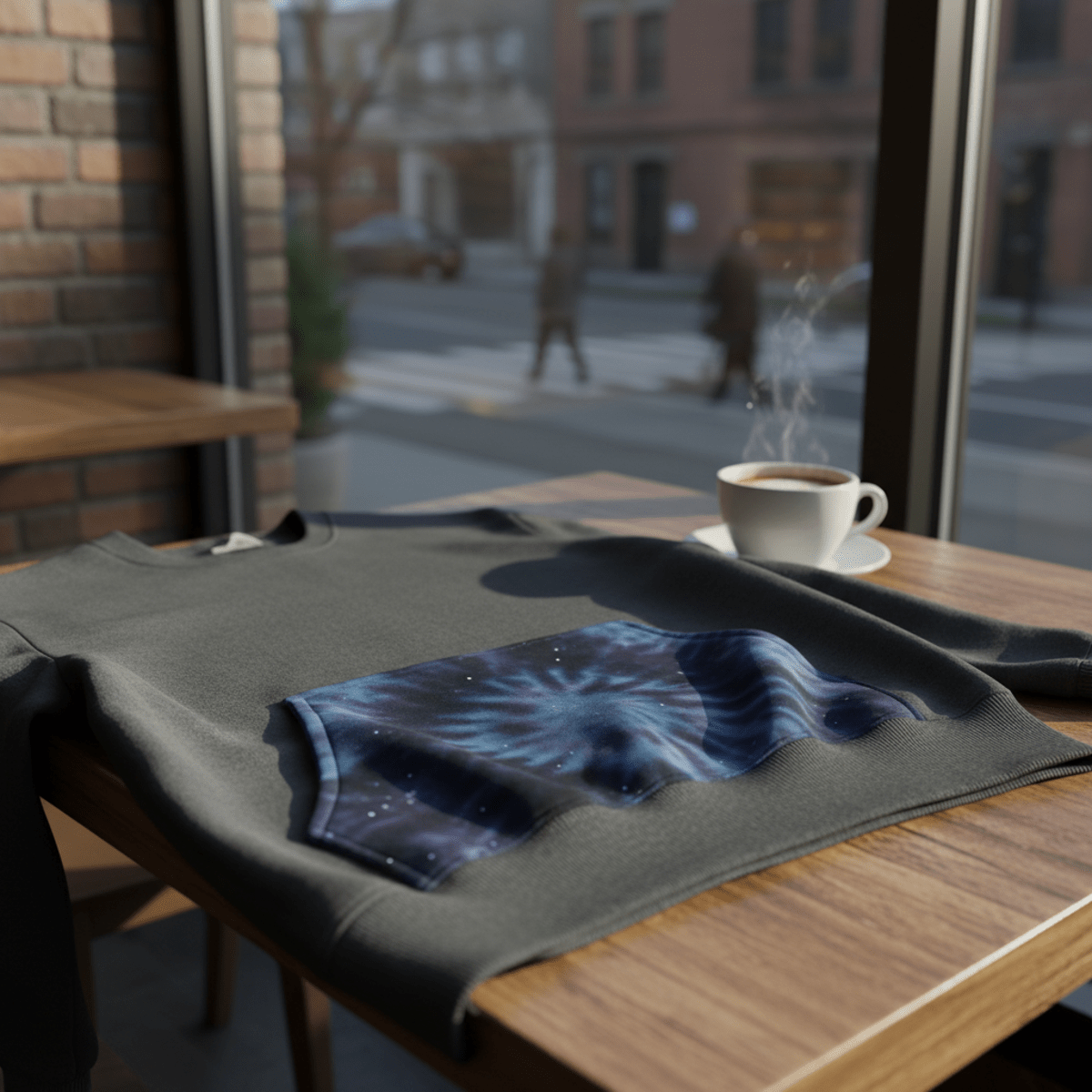 Solid sweatshirt with galaxy tie dye pocket on cafe table with coffee.