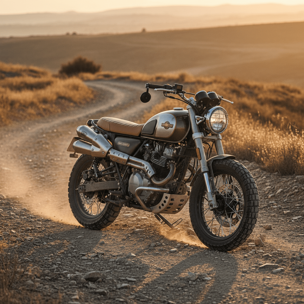 Neo-retro scrambler motorcycle on a rugged dirt trail. Neo-retro scrambler motorcycle on a dusty dirt trail with golden hour light.