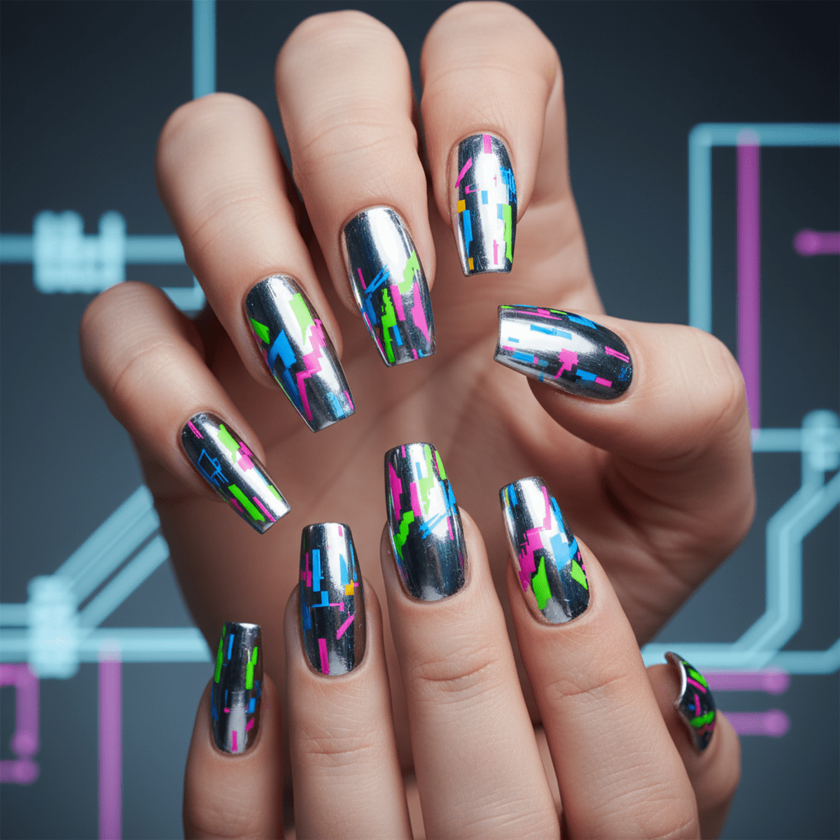Acrylic nails with sci-fi digital glitch and molten silver chrome finish.