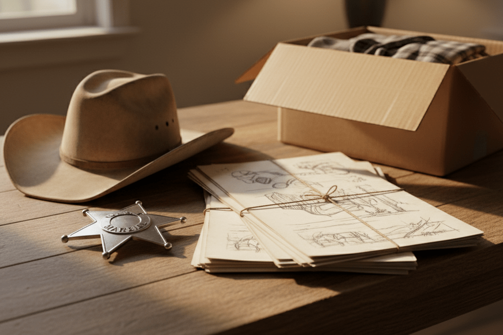 Cowboy hat and marshal badge on rustic desk near packed box under natural light