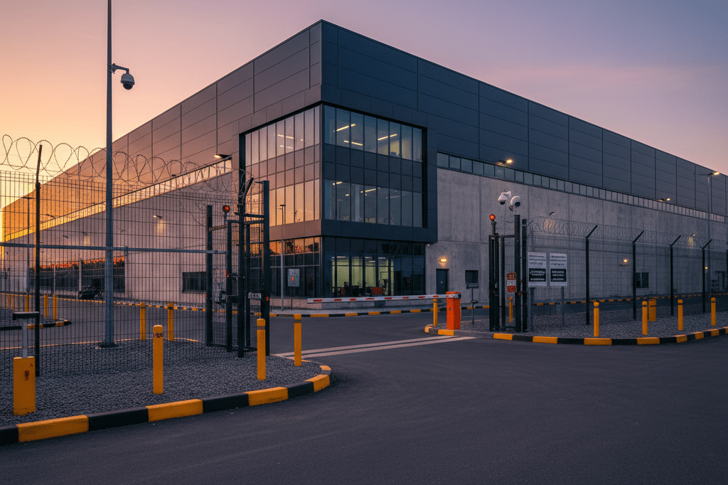 Wide shot of a manufacturing plant exterior showcasing secured entryways and surveillance systems under mixed natural and artificial lighting
