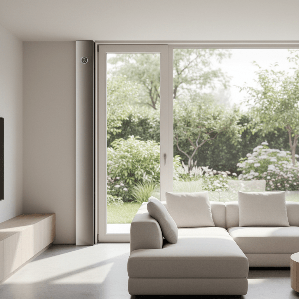 Sleek air conditioner in a modern living room window with garden view.